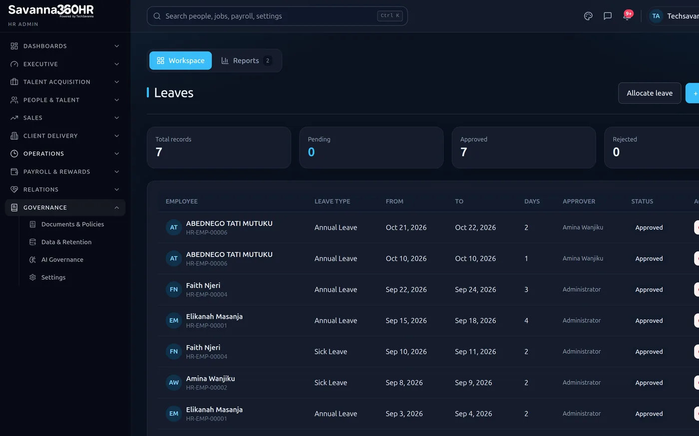 Savanna360 HR leave approval queue
