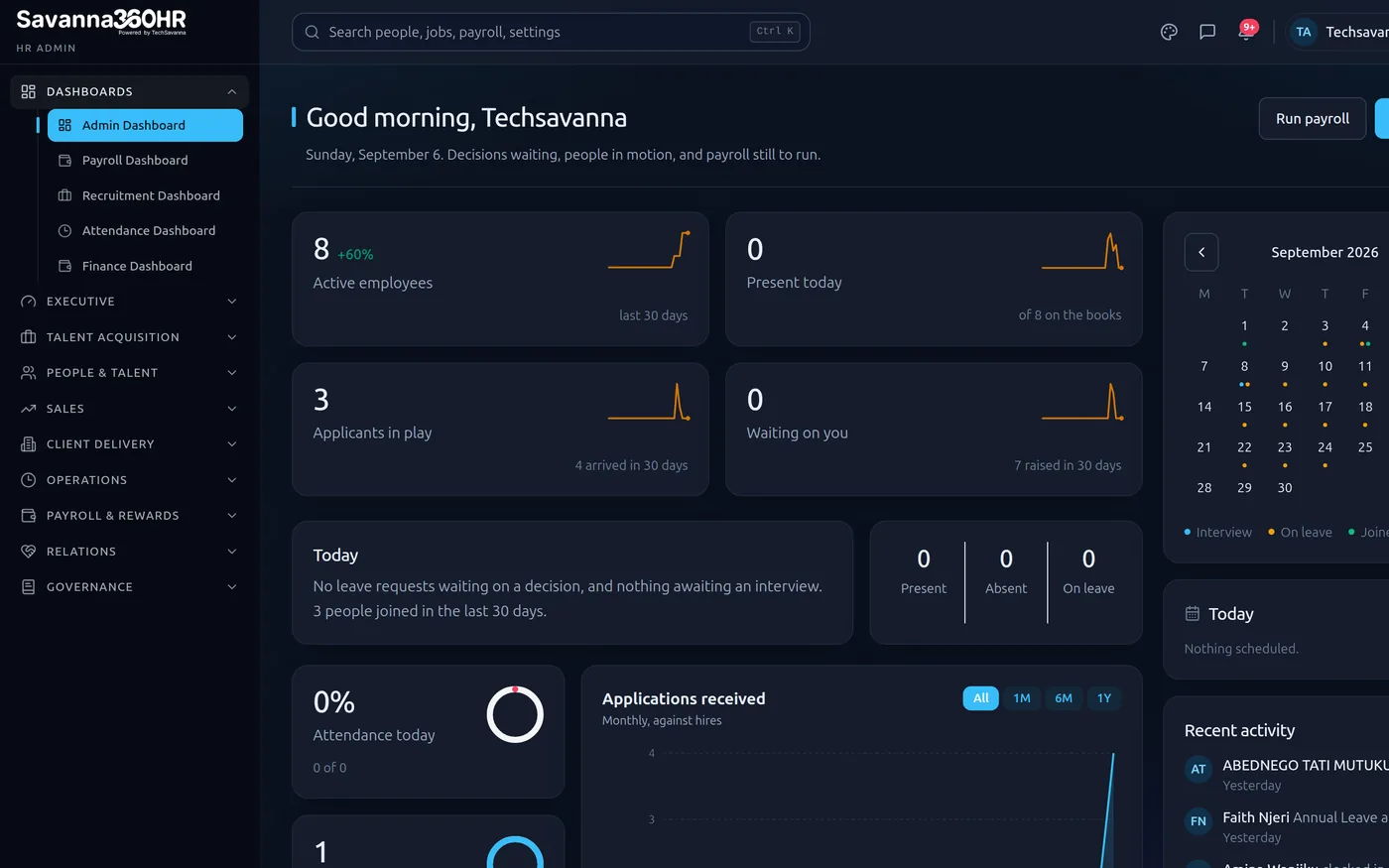 Savanna360 HR admin dashboard