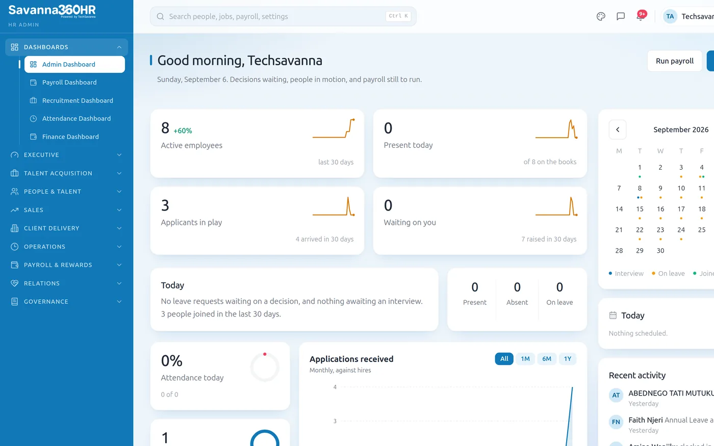 Savanna360 HR admin dashboard