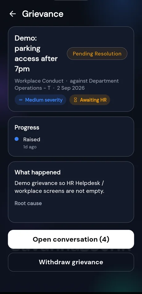 Savanna360 HR grievance case on the mobile app